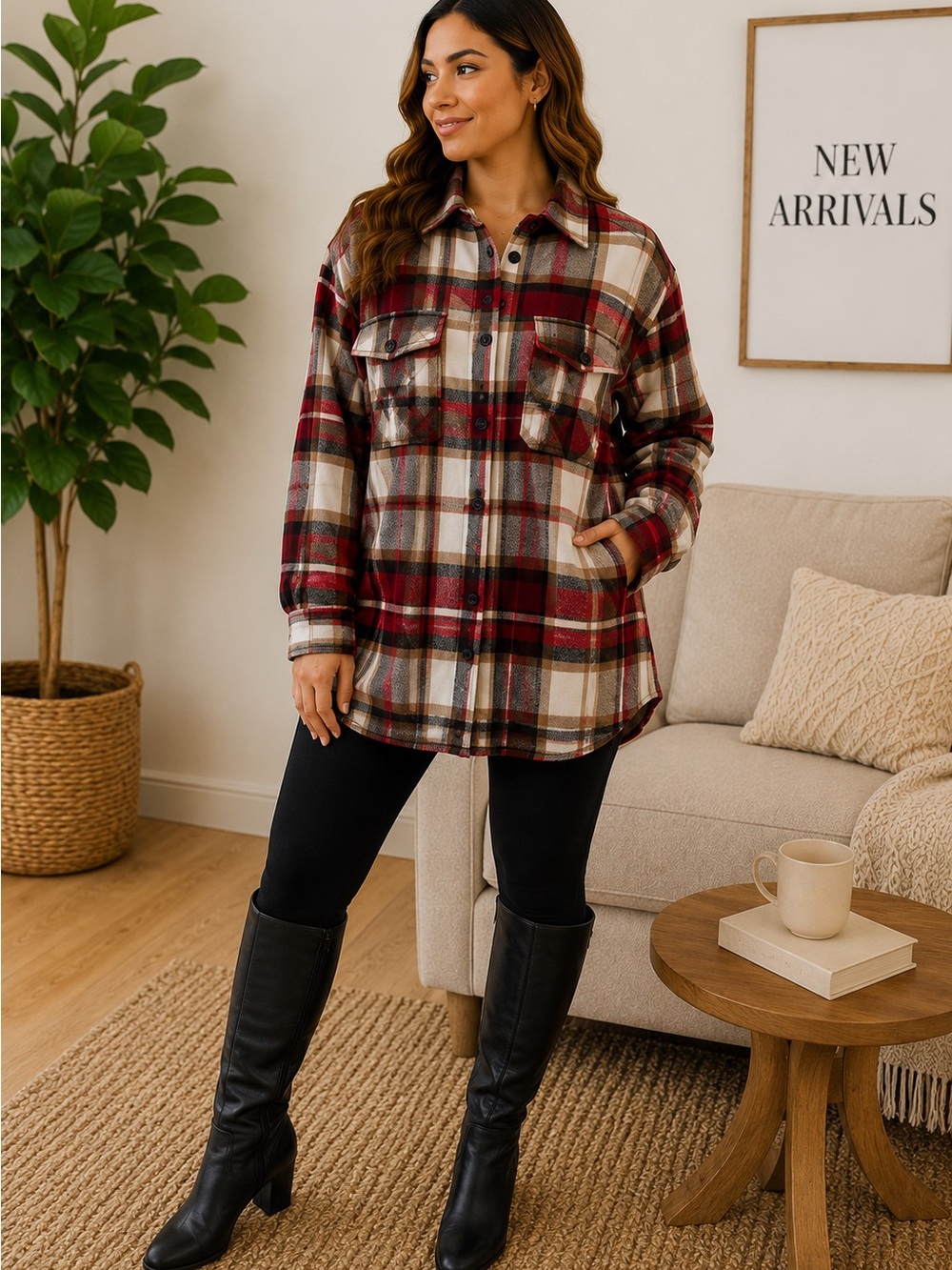 Plaid Button-Down Shacket in Red and Cream